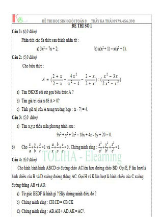Tuyển tập đề thi học sinh giỏi toán lớp 8 Thầy Ka Thái