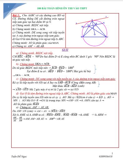 Các bài hình học trong đề toán tuyển sinh lớp 10 năm 2019