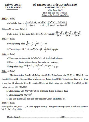 Đề thi học sinh giỏi toán lớp 9 thành phố Bắc Giang