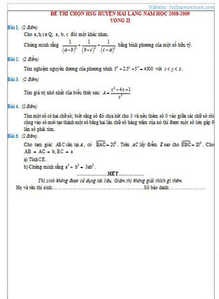 Đề thi học sinh giỏi môn toán lớp 9 huyện Hải Lăng năm 2008-2009