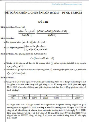Đề vào 10 Phổ Thông năm khiếu TP Hồ Chí Minh năm 2019-2020 (đề chung)