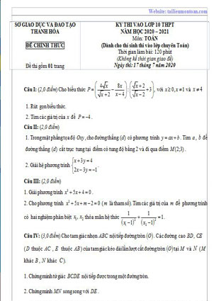 Đề toán vào lớp 10 tỉnh Thanh Hóa năm 2020