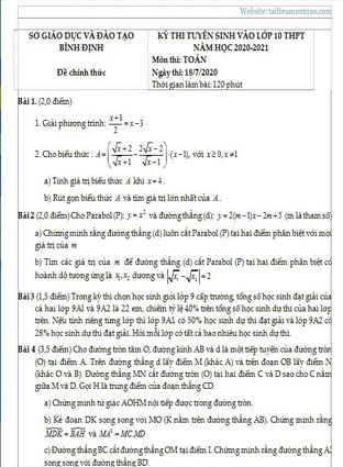 Đề toán vào lớp 10 Bình Định năm 2020