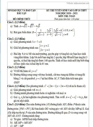 Đề thi toán vào lớp 10 tỉnh Bắc Cạn năm 2020