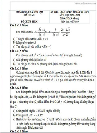 Đề toán vào lớp 10 tỉnh Hà Giang năm 2020
