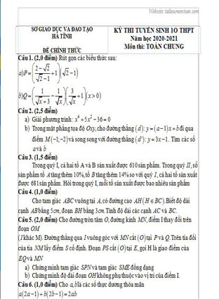 Đề toán vào lớp 10 tỉnh Hà Tĩnh năm 2020