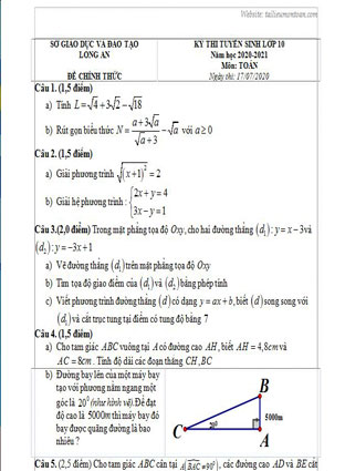 Đề toán vào lớp 10 tỉnh Long An năm 2020