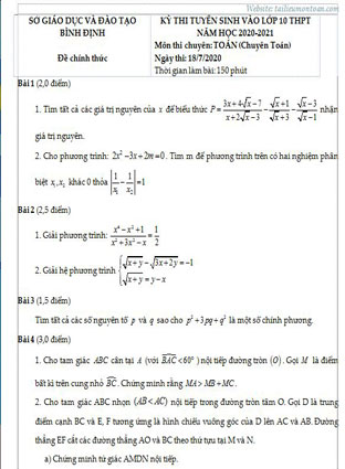 Đề vào lớp 10 chuyên toán Bình Định năm 2020