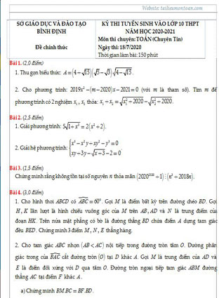 Đề toán vào lớp 10 chuyên tin Bình Định năm 2020