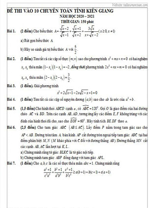 Đề toán vào lớp 10 chuyên Kiên Giang năm 2020
