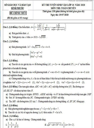 Đề toán vào lớp 10 chuyên Bình Phước năm 2020