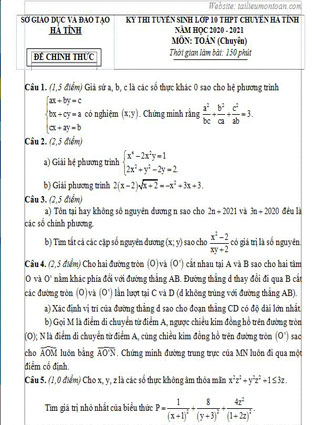 Đề vào 10 chuyên toán Hà Tĩnh năm 2020