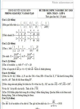 Đề thi học sinh giỏi toán lớp 6 huyện Kinh Môn năm 2017-2018