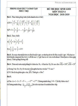 Đề thi học sinh giỏi toán lớp 6 huyện Phúc Thọ năm 2018-2019