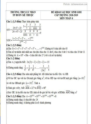 Đề thi học sinh giỏi toán lớp 6 thành phố Buôn Mê Thuộc năm 2018-2019