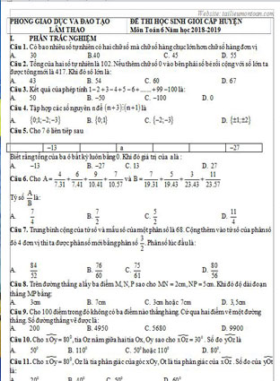 Đề thi học sinh giỏi toán lớp 6 huyện Lâm Thao năm 2018-2019