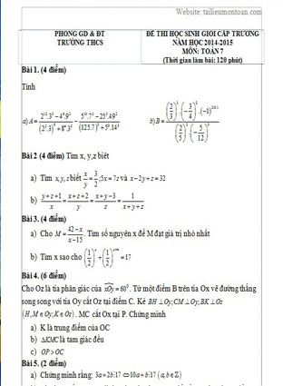 Đề thi học sinh giỏi toán lớp 7 cấp trường năm 2014-2015