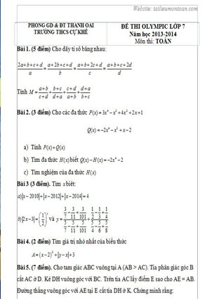 Đề thi học sinh giỏi toán lớp 7 trường Cự Khê huyện Thanh Oai năm 2014-2015