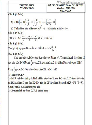 Đề thi học sinh giỏi toán lớp 7 trường Xuân Dương năm 2013-2014