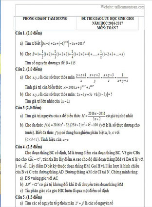 Đề thi học sinh giỏi toán lớp 9 huyện Tam Dương năm 2016-2017