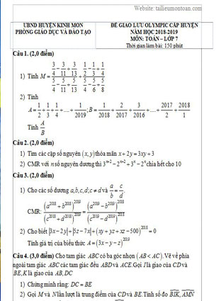 Đề thi học sinh giỏi toán lớp 7 huyện Kinh Môn năm 2018-2019