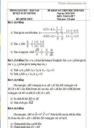 Đề thi học sinh giỏi toán lớp 7 huyện Xuân Trường năm 2018-2019