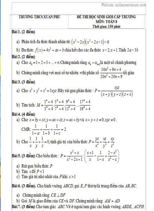 Đề thi học sinh giỏi toán lớp 8 trường THCS Xuân Phú