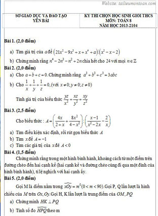 Đề thi học sinh giỏi lớp 8 tỉnh Yên Bái năm 2013-2014