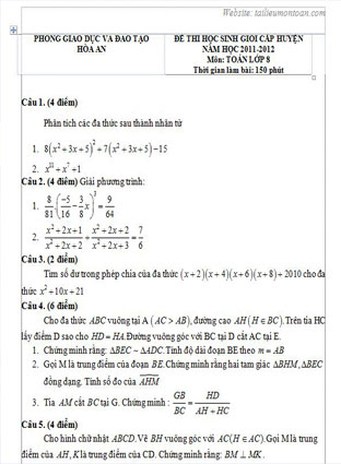 Đề thi học sinh giỏi toán lớp 8 huyện Hòa An năm 2011-2012