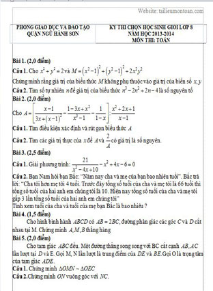 Đề thi học sinh giỏi toán lớp 8 quận Ngũ Hành Sơn năm 2013-2014