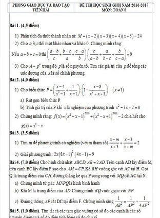 Đề thi học sinh giỏi toán lớp 8 huyện Tiền Hải năm học 2016-2017