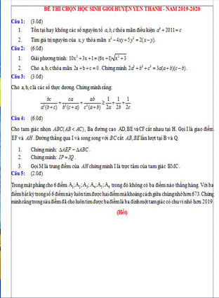 Đề thi học sinh giỏi toán lớp 9 huyện Yên Thành năm 2019-2020