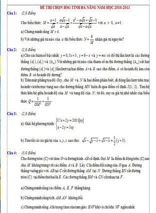 Đề chọn học sinh giỏi toán lớp 9 tỉnh Đà Nẵng năm 2010-2011