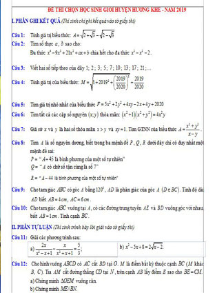 Đề học sinh giỏi môn toán lớp 9 huyện Hương Khê năm 2019