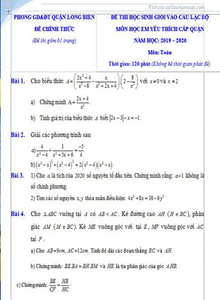 Đề thi học sinh giỏi môn toán lớp 8 quận Long Biên năm 2019-2020