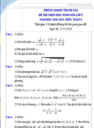 Đề thi học sinh giỏi môn toán lớp 9 huyện Thanh Oai năm 2020-2021