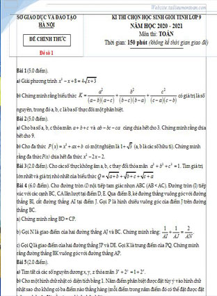 Đề thi học sinh giỏi môn toán lớp 9 thành phố hà nội năm 2021