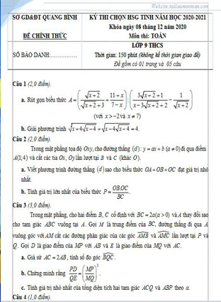 Đề thi học sinh giỏi môn toán lớp 9 tỉnh Quảng Bình năm 2021