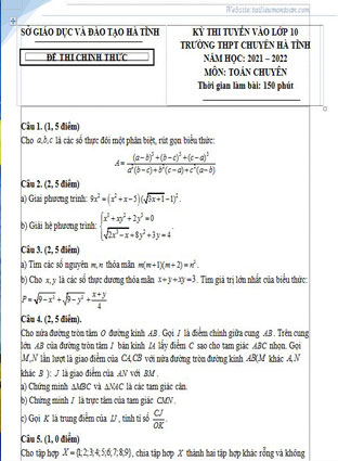 Đề toán vào lớp 10 chuyên Hà Tĩnh năm 2021