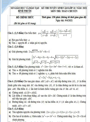 Đề thi học sinh giỏi môn toán lớp 9 tỉnh Bình Phước năm 2021