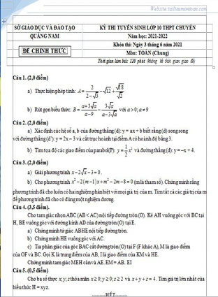 Đề toán vào lớp 10 chuyên Quảng Nam năm 2021