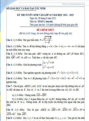 Đề và lớp 10 chuyên toán Tây Ninh năm 2021