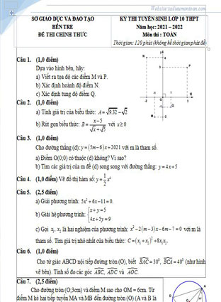 Đề toán vào lớp 10 Bến Tre năm 2021