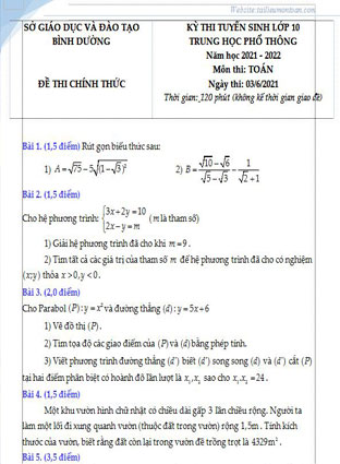Đề toán vào lớp 10 Bình Dương năm 2021