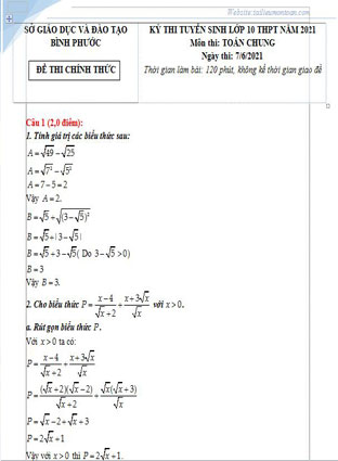 Đề toán vào lớp 10 Bình Phước năm 2021
