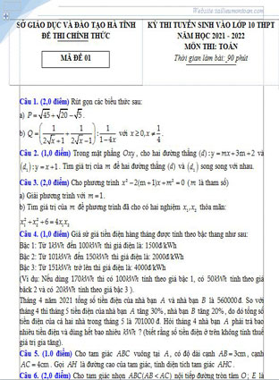 Đề toán vào lớp 10 tỉnh Hà Tĩnh năm 2021