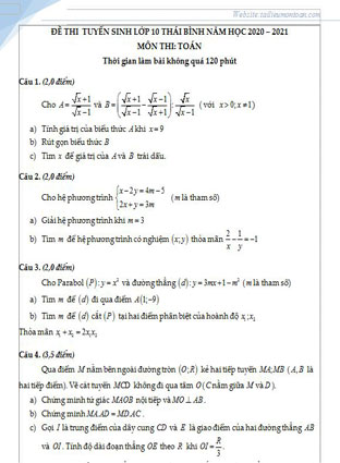 Đề toán vào lớp 10 tỉnh Thái Bình năm 2021