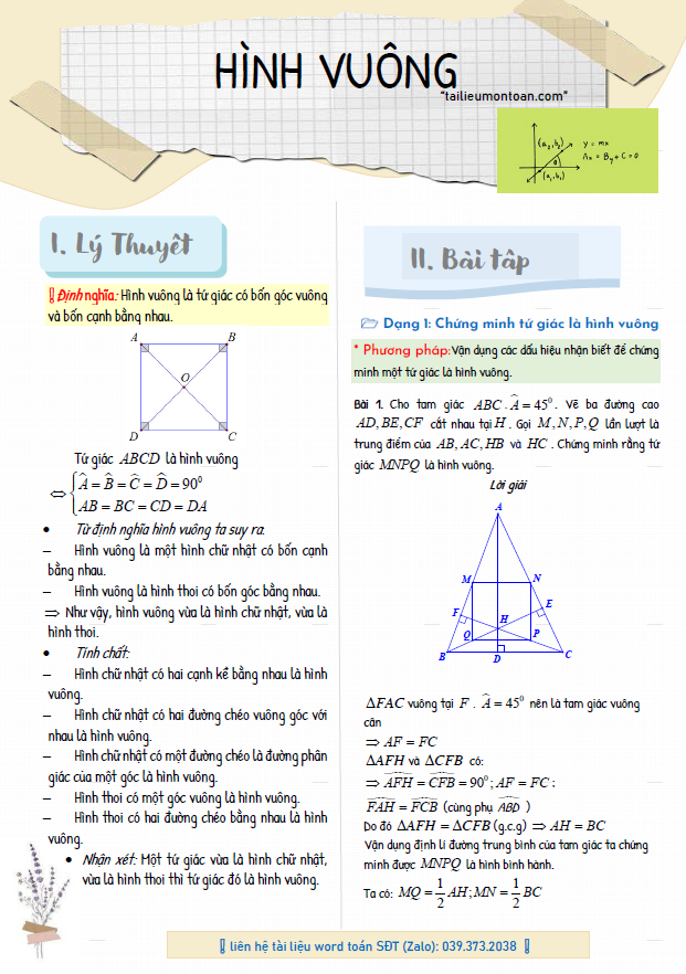 Các bài toán về hình vuông bồi dưỡng toán 8