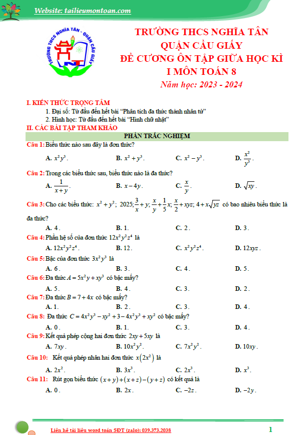 Đề cương giữa kì 1 môn toán lớp 8 sách mới