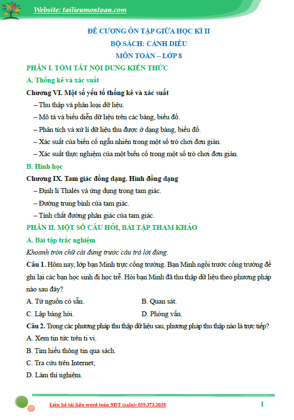 Đề cương giữa kì 2 cánh diều lớp 8